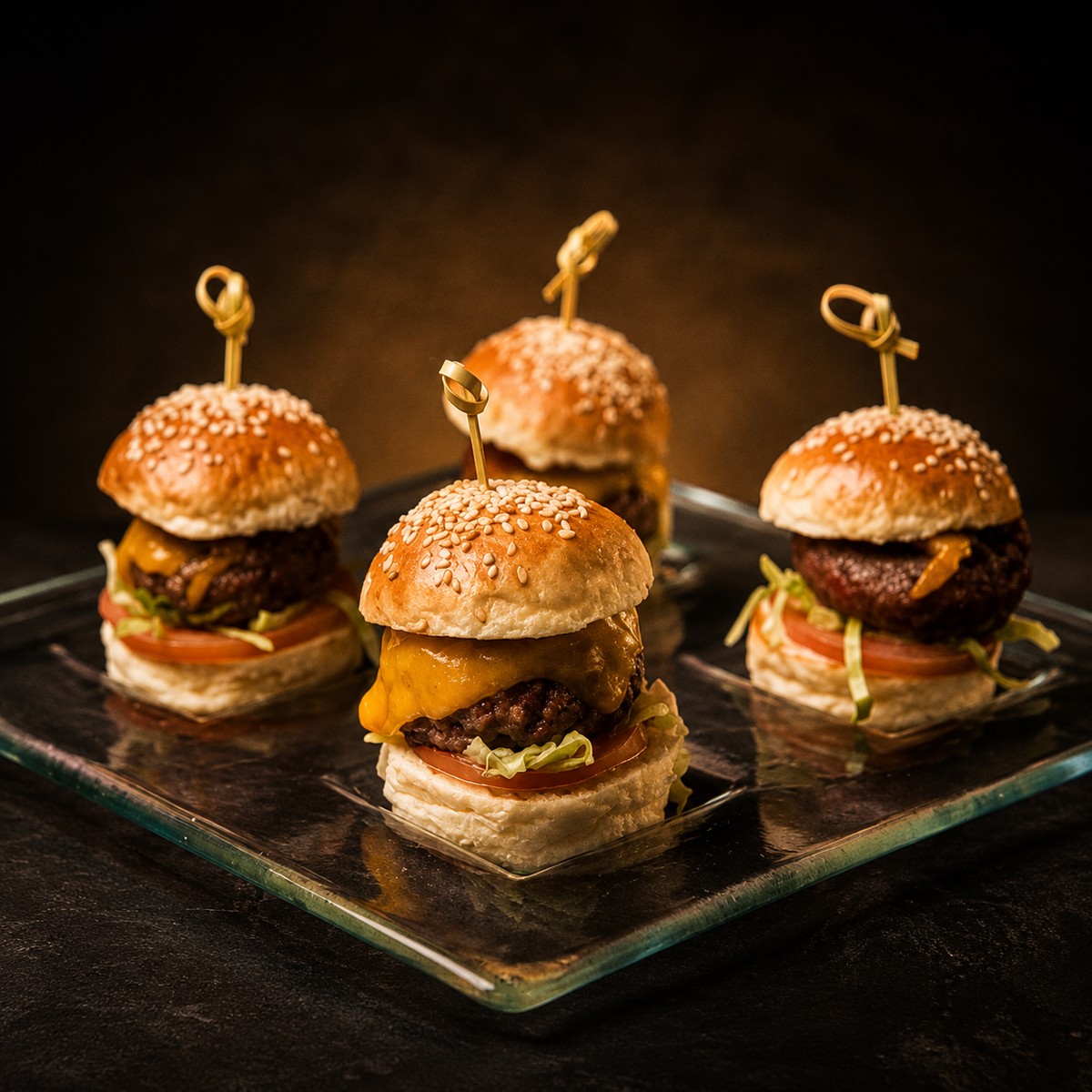 Mini hamburguesas servidas como tapa en una bandeja de cristal