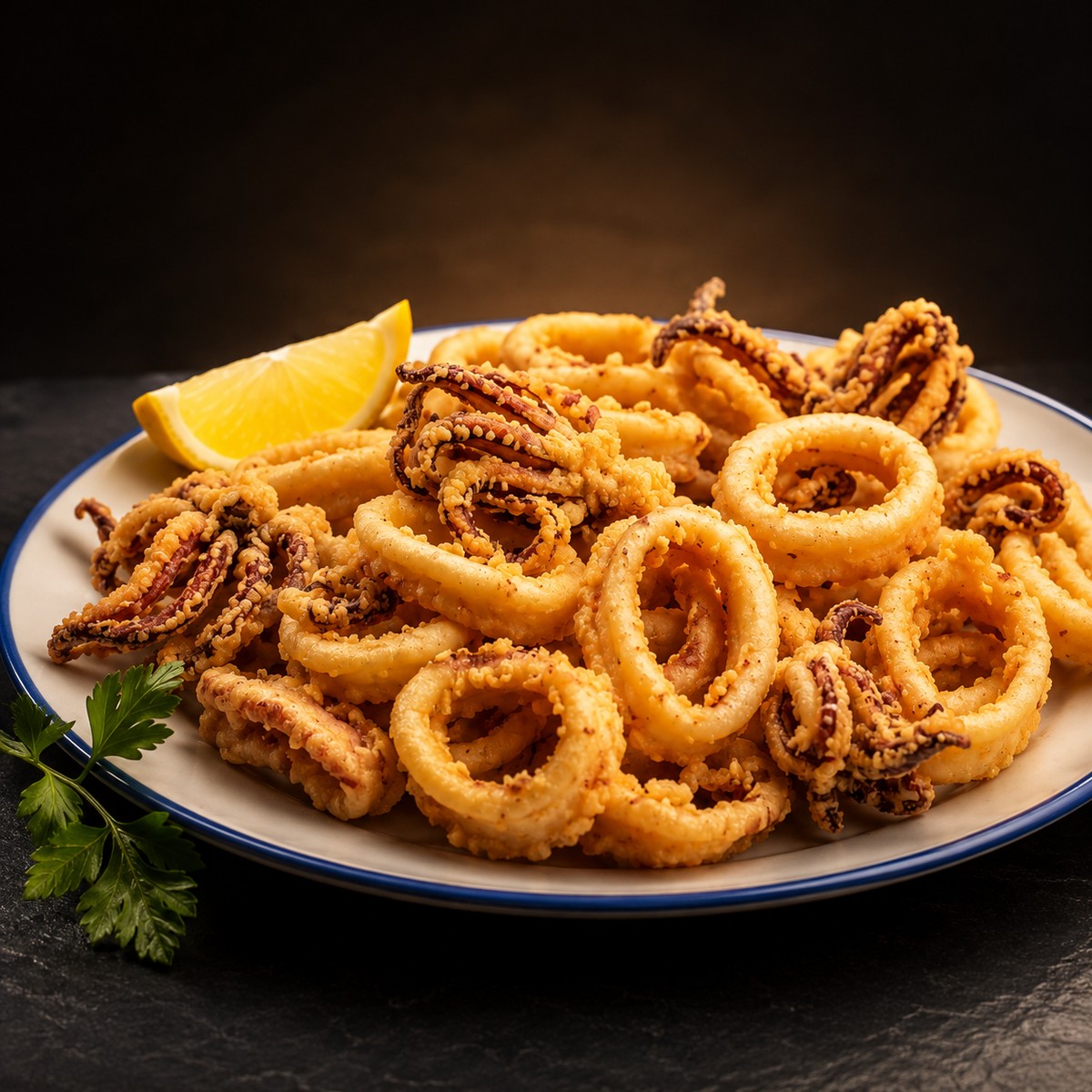 Ración de calamares fritos con limón
