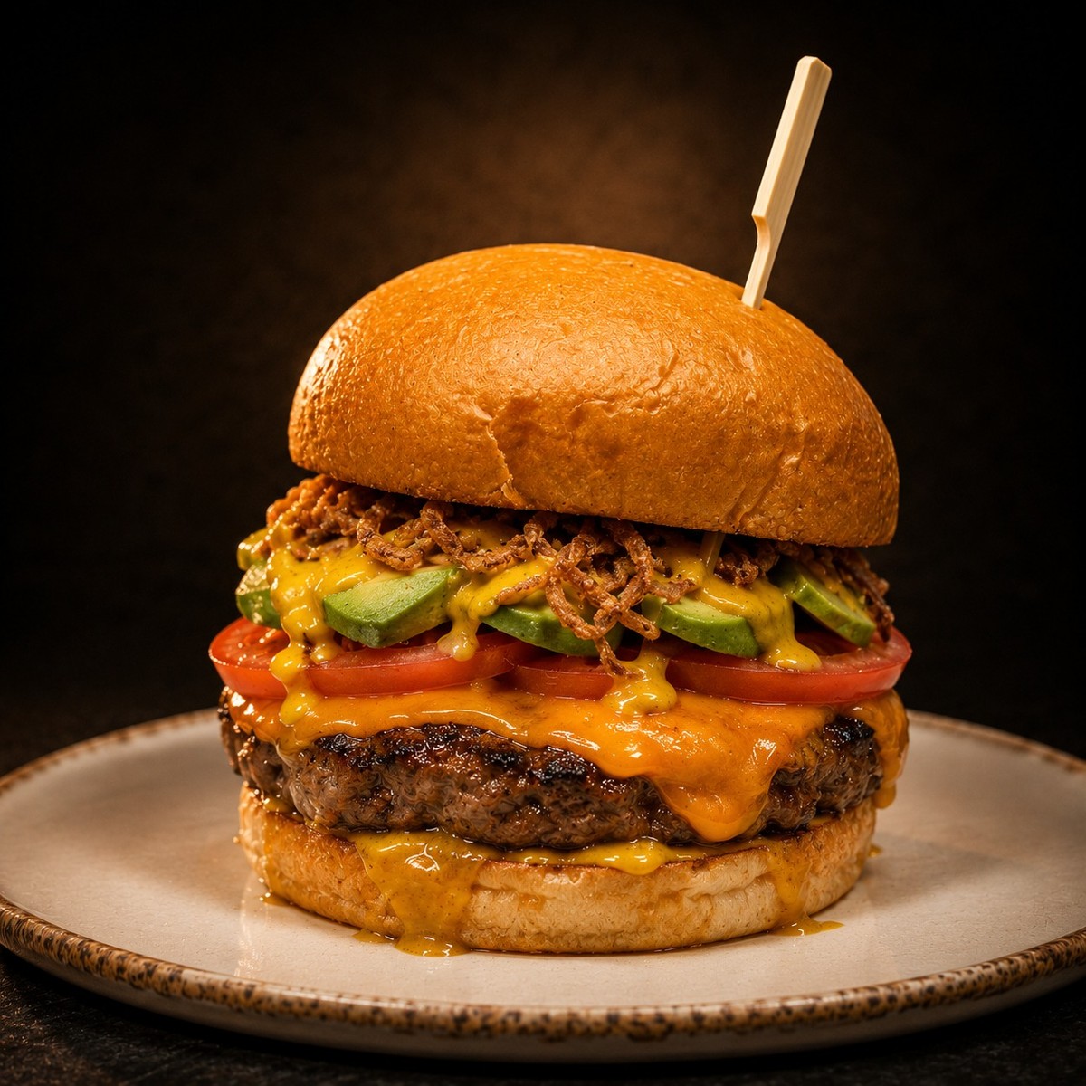 Burguer La Exótica con cheddar, aguacate, tomate y cebolla crujiente