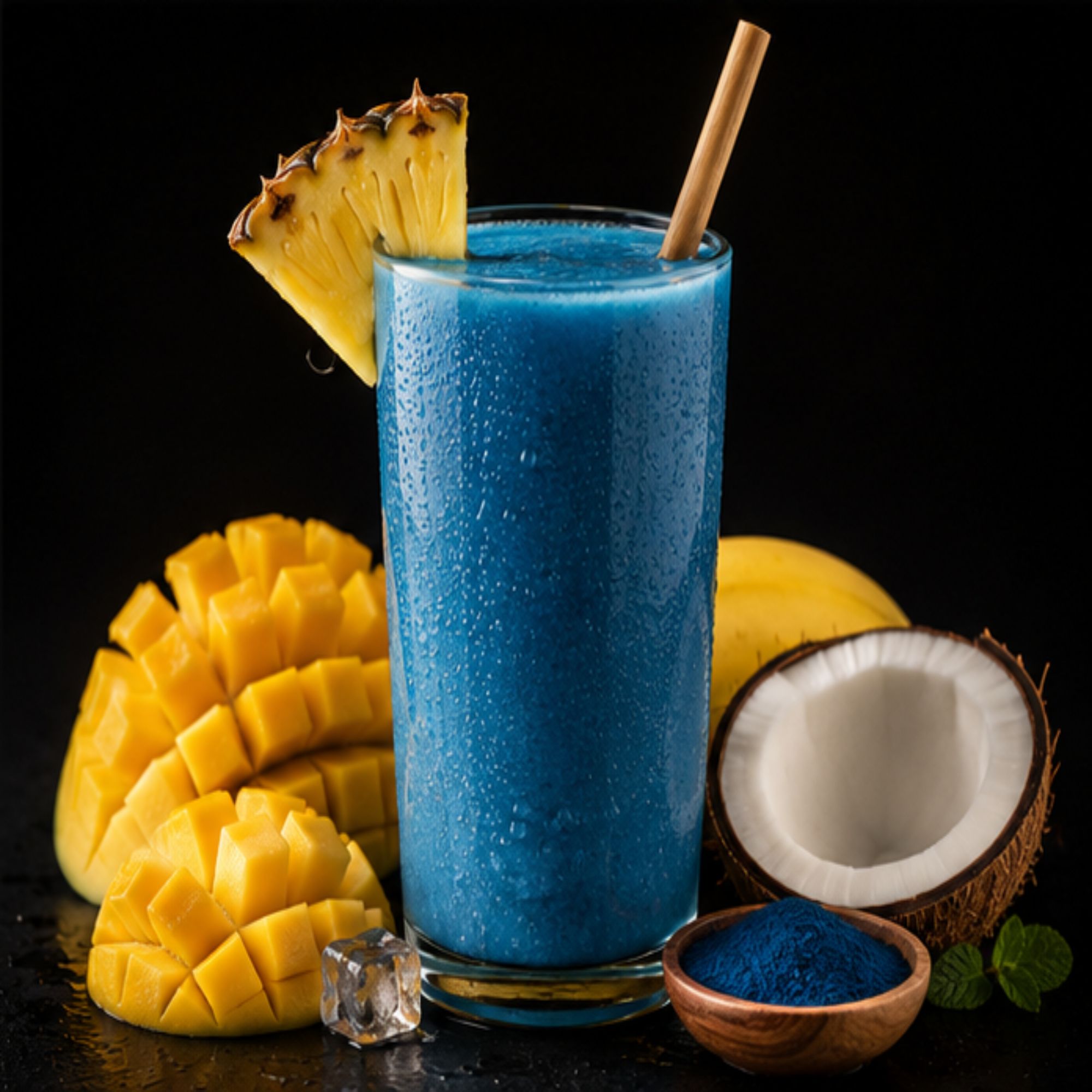 Smoothie Blue Lightning: Mango, plátano, piña, melocotón, coco, espirulina azul