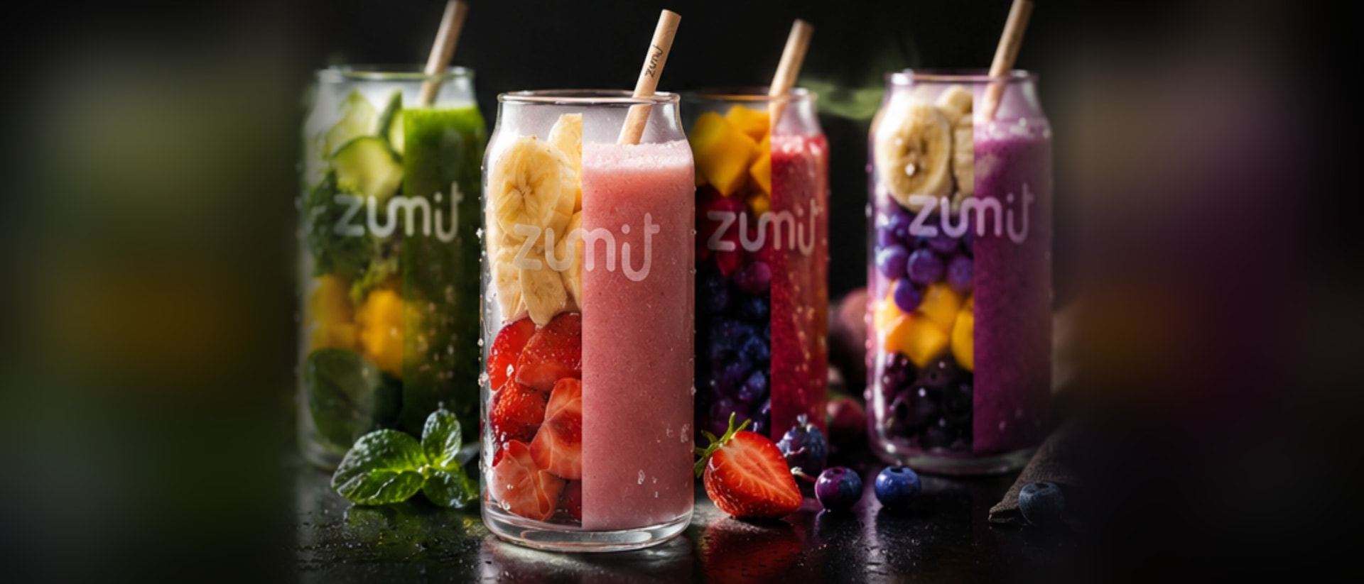 Cuatro smoothies naturales recién hechos