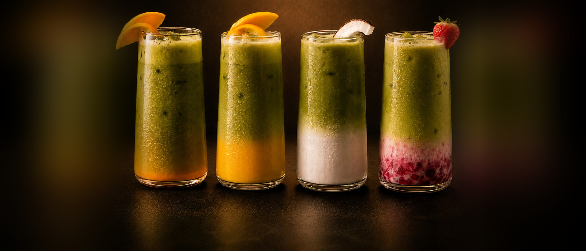 Cuatro vasos altos de matcha con mango, coco y frutos rojos